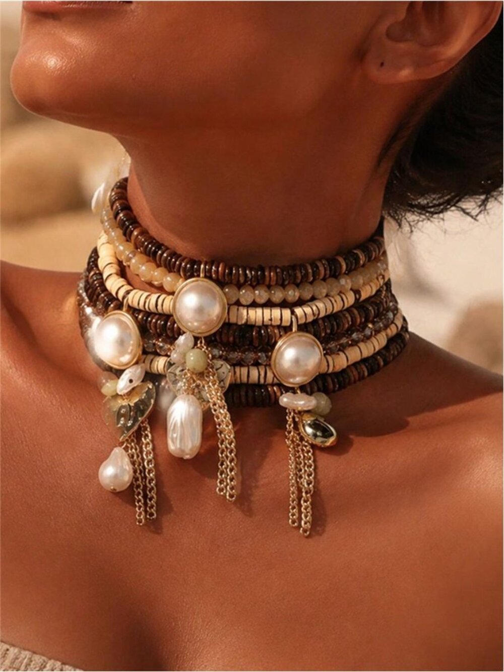 Boho Stacked Wood Bead Choker Necklace, Baroque Pearl Gold Chain Tassel Charm